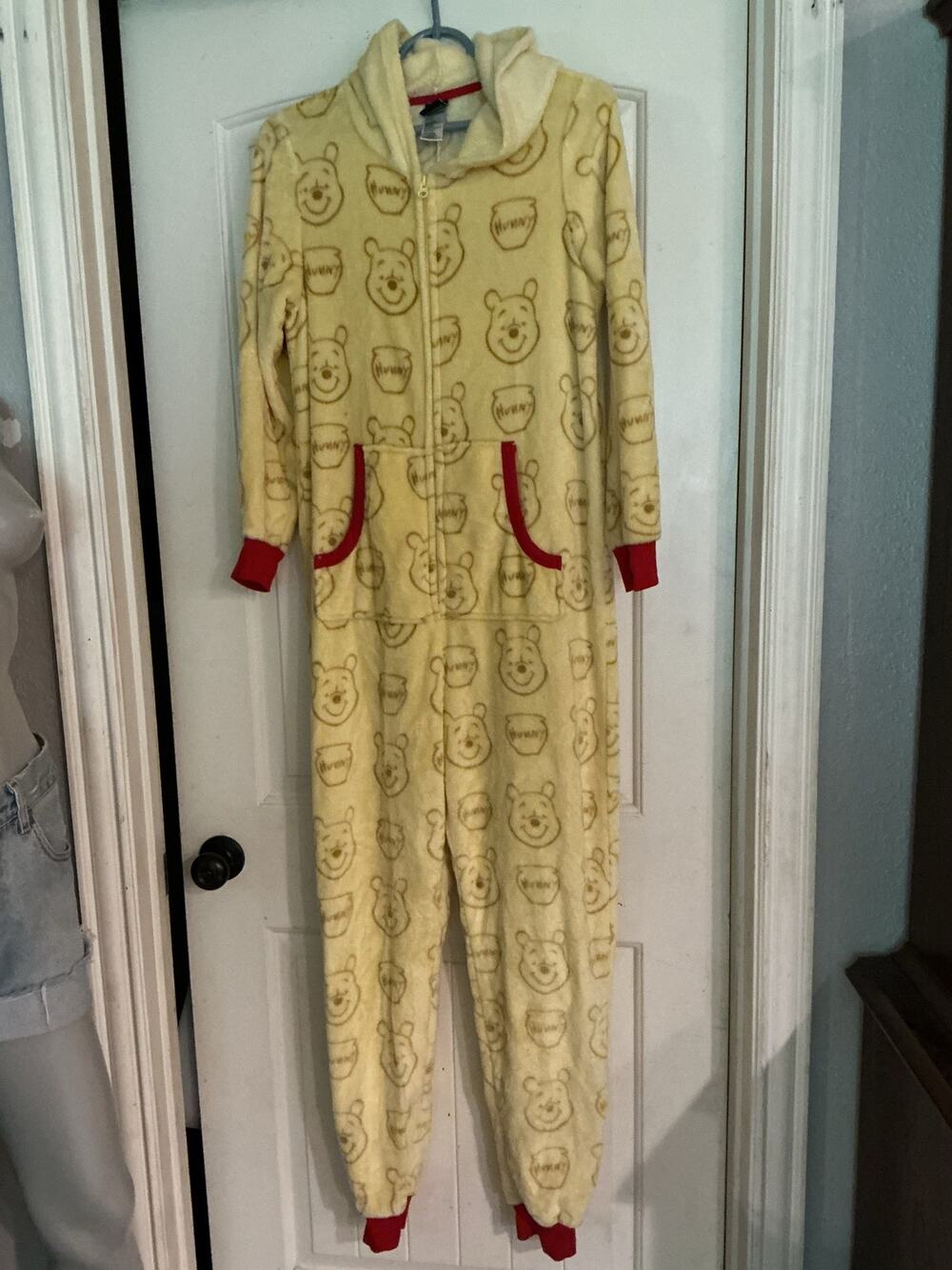 Disney Winnie the Pooh Plush Hooded Onesie Pajamas M Honey Pot